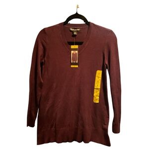 DKNY Jeans Womens Burgundy V-Neck Long Sleeve Tunic Sweater NWT Size S